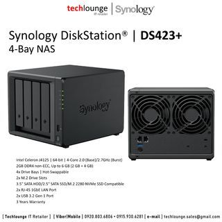 SYNOLOGY DISKSTATION DS423+ - Intel Celeron J4125, 2GB DDR4, 4 Bays,Hot-Swappable, 2x M.2 Slots, 2x RJ-45 1GbE LAN, 2x USB 3.2 Gen 1 Port