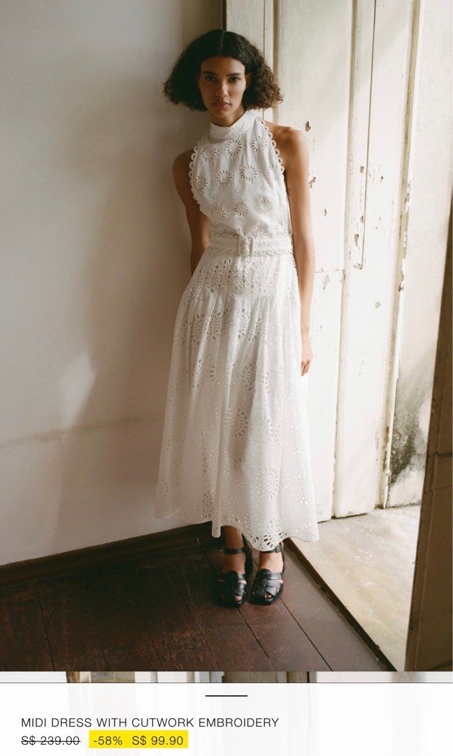 ZARA MIDI DRESS WITH CUTWORK EMBROIDERY OYSTER WHITE, Women's Fashion,  Dresses & Sets, Dresses on Carousell