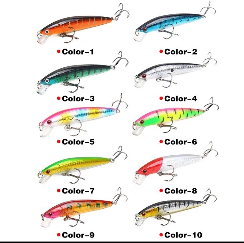7.5g/10cm Fishing Lures Minnow Lures Topwater Baits For Bass Trout Salmon  Saltwater, Sports Equipment, Fishing on Carousell