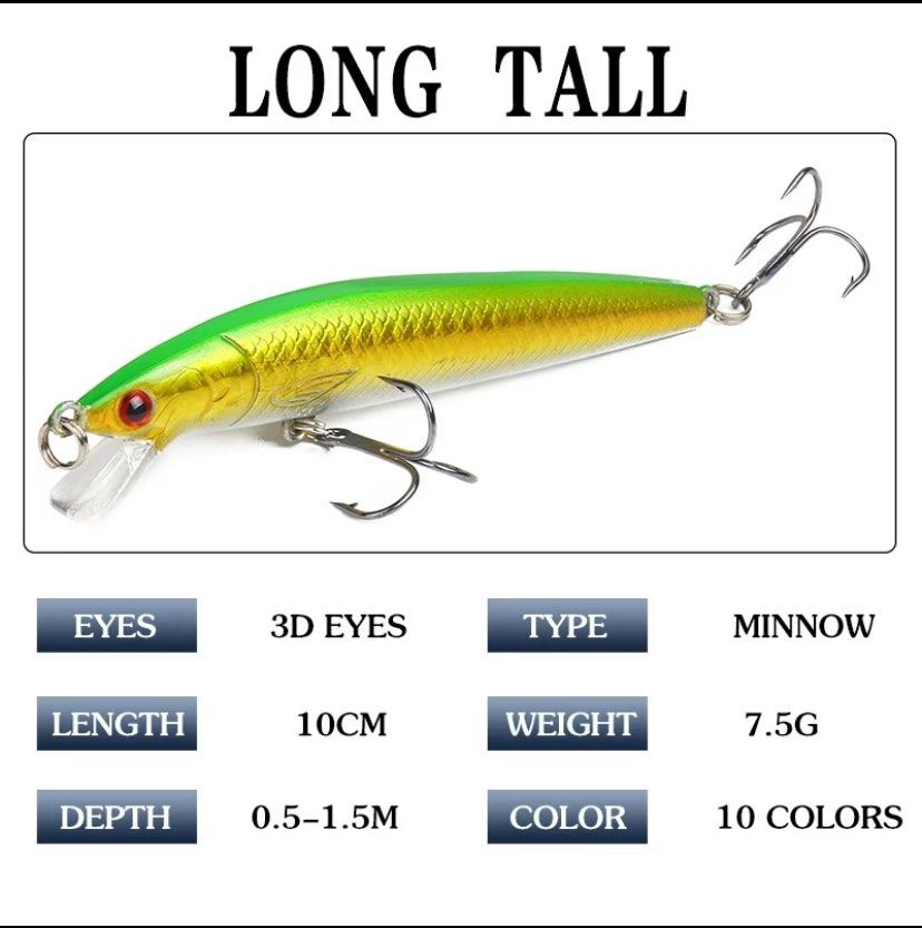 7.5g/10cm Fishing Lures Minnow Lures Topwater Baits For Bass Trout Salmon  Saltwater, Sports Equipment, Fishing on Carousell