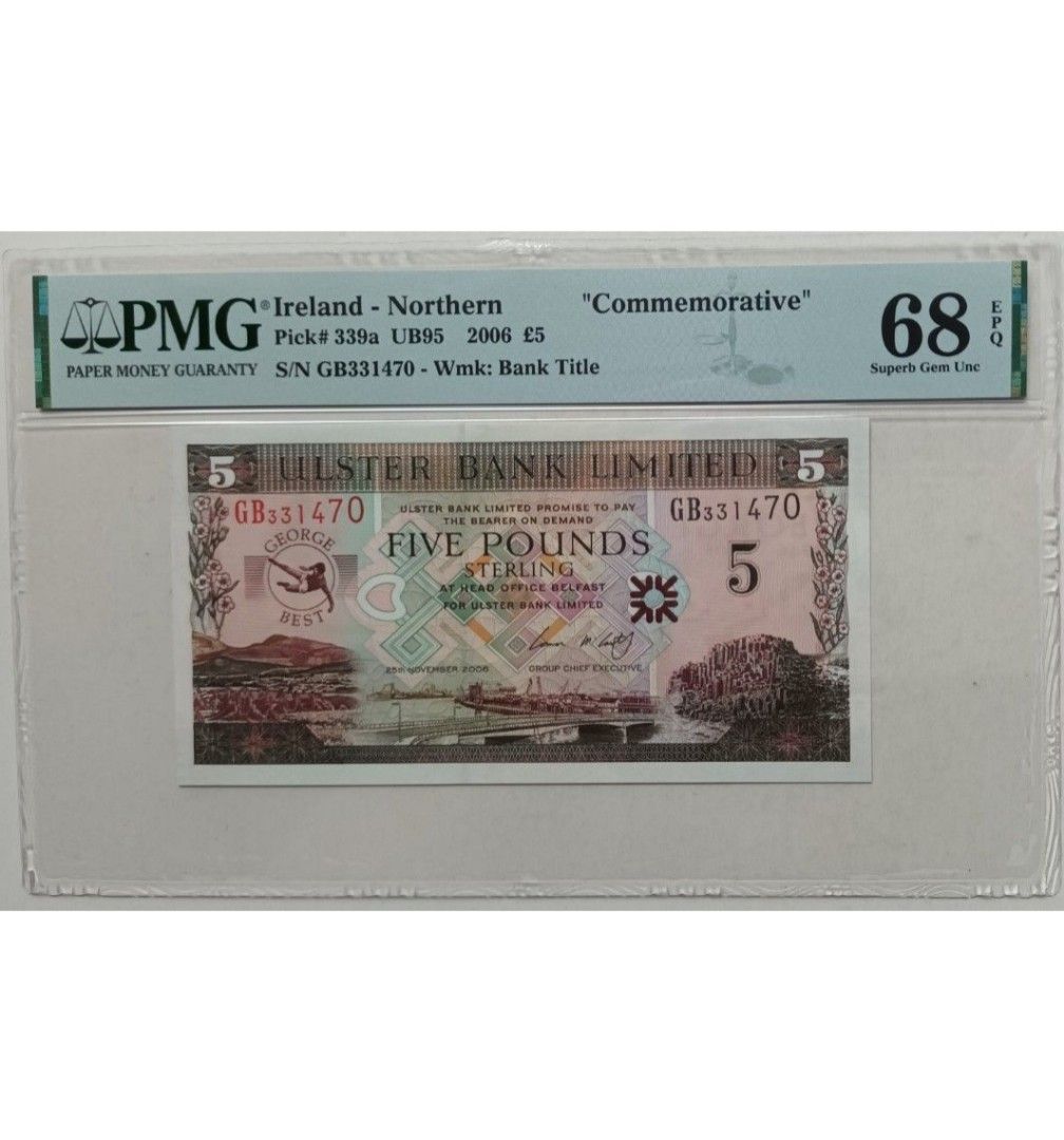 ⚽️ 北愛爾蘭足球英雄(佐治貝斯) 紀念鈔£ 5, PMG 68 EPQ, 興趣及遊戲, 收藏品及紀念品, 錢幣- Carousell
