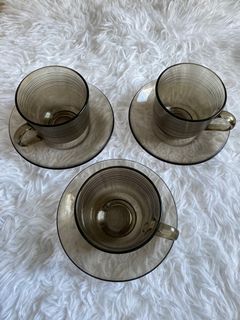 Arcoroc French Smokey Grey Glass Cups & Saucers (Rare find)