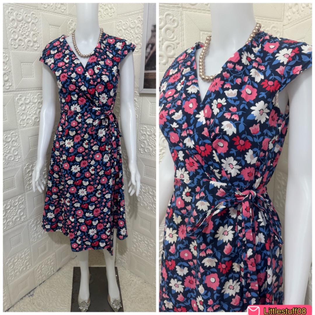 Y London Flower Print Wrap Viscose Midi Dress Black Cream