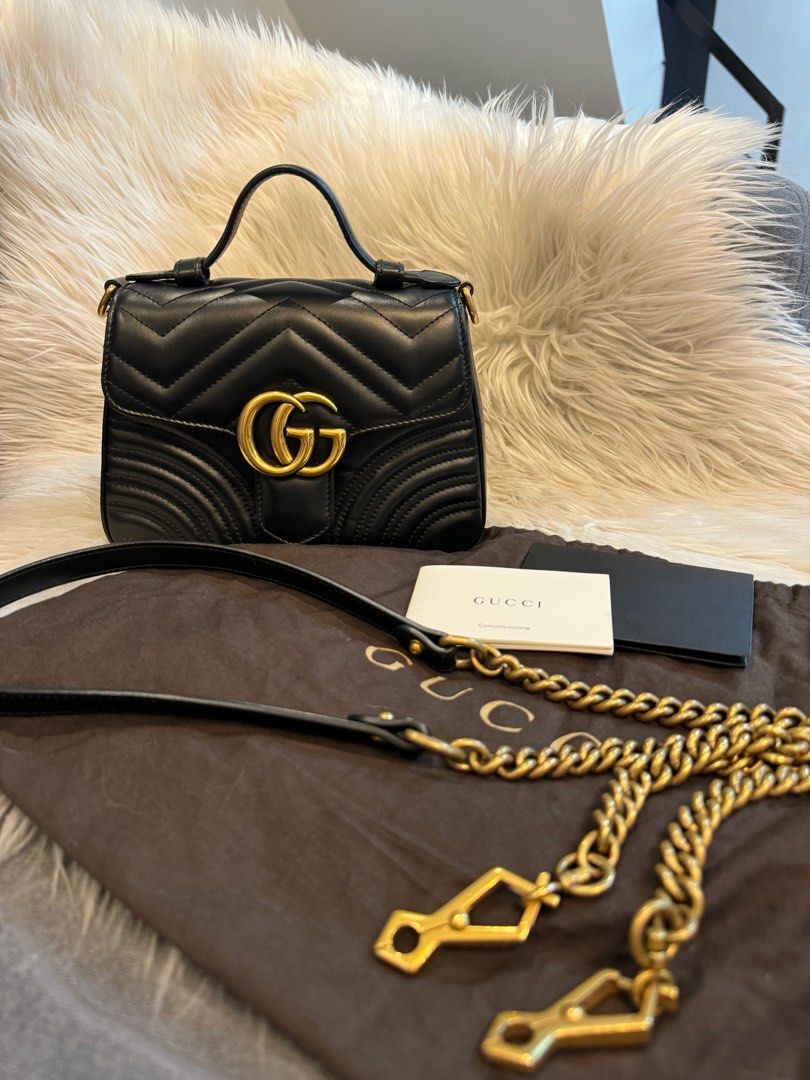 Gucci Marmont Mini in Top Handle (Category: Luxury Bags & Wallets) located in Quezon City. Submitted by christineboller (Listing ID 1289226171, Image 1). Description: Gucci Marmont Mini Top Handle 9.5/10 condition. Dimensions: W 22cm, H 16cm, Depth 9cm and Strap 56cm. Comes with cards, dustbag and strap. 🏷️ Php78k .