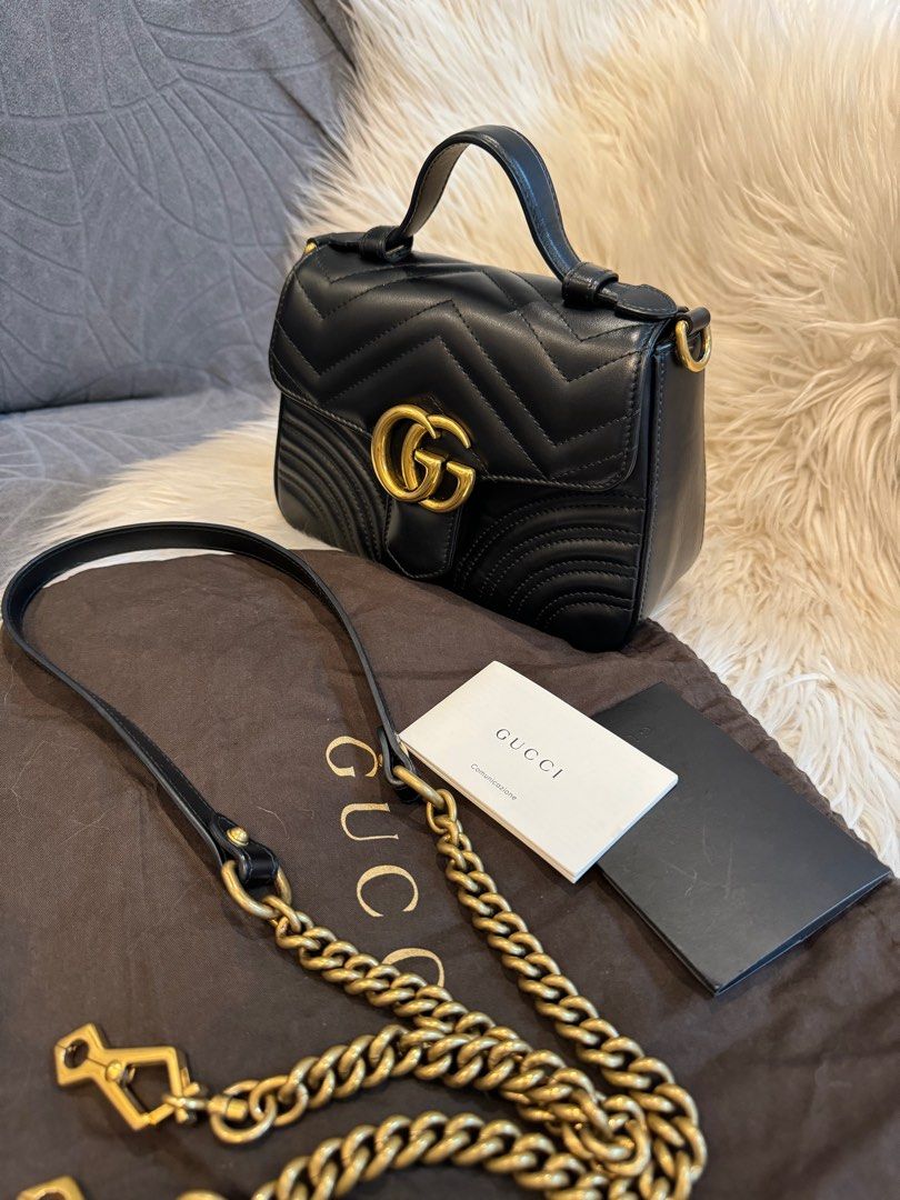 Gucci Marmont Mini in Top Handle (Category: Luxury Bags & Wallets) located in Quezon City. Submitted by christineboller (Listing ID 1289226171, Image 3). Description: Gucci Marmont Mini Top Handle 9.5/10 condition. Dimensions: W 22cm, H 16cm, Depth 9cm and Strap 56cm. Comes with cards, dustbag and strap. 🏷️ Php78k .