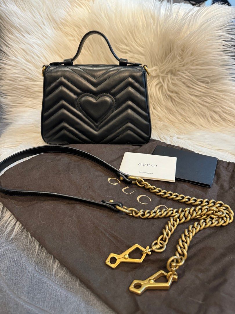 Gucci Marmont Mini in Top Handle (Category: Luxury Bags & Wallets) located in Quezon City. Submitted by christineboller (Listing ID 1289226171, Image 2). Description: Gucci Marmont Mini Top Handle 9.5/10 condition. Dimensions: W 22cm, H 16cm, Depth 9cm and Strap 56cm. Comes with cards, dustbag and strap. 🏷️ Php78k .