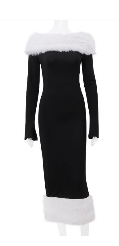 black dress white fur Women's Off Shoulder Long Sleeve Fur Trim A-Line Party Club Mini Dress –  Divahotcouture