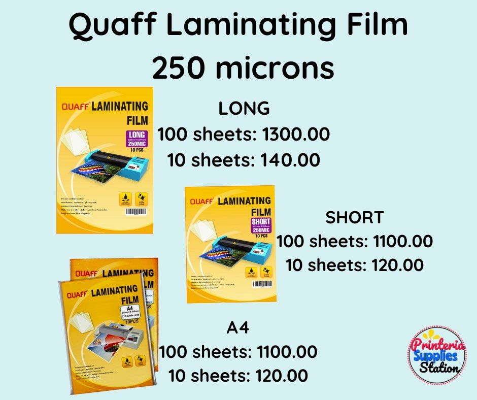 Laminating Film 250 microns (Category: Craft Supplies & Tools) located in Quezon City. Submitted by printeriaph (Listing ID 1249851201, Image 1). Description: Brand : Quaff Sizes: Short, Long A4 Thickness: 250 microns .