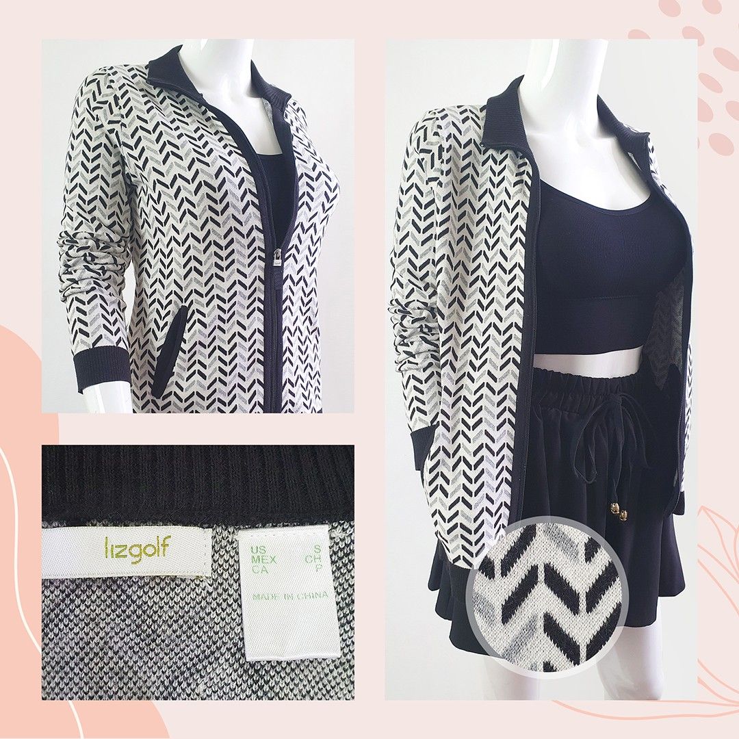 LIZGOLF Black White Print Zipper Knit Jacket K035 Women s Fashion Coats Jackets and Outerwear on Carousell