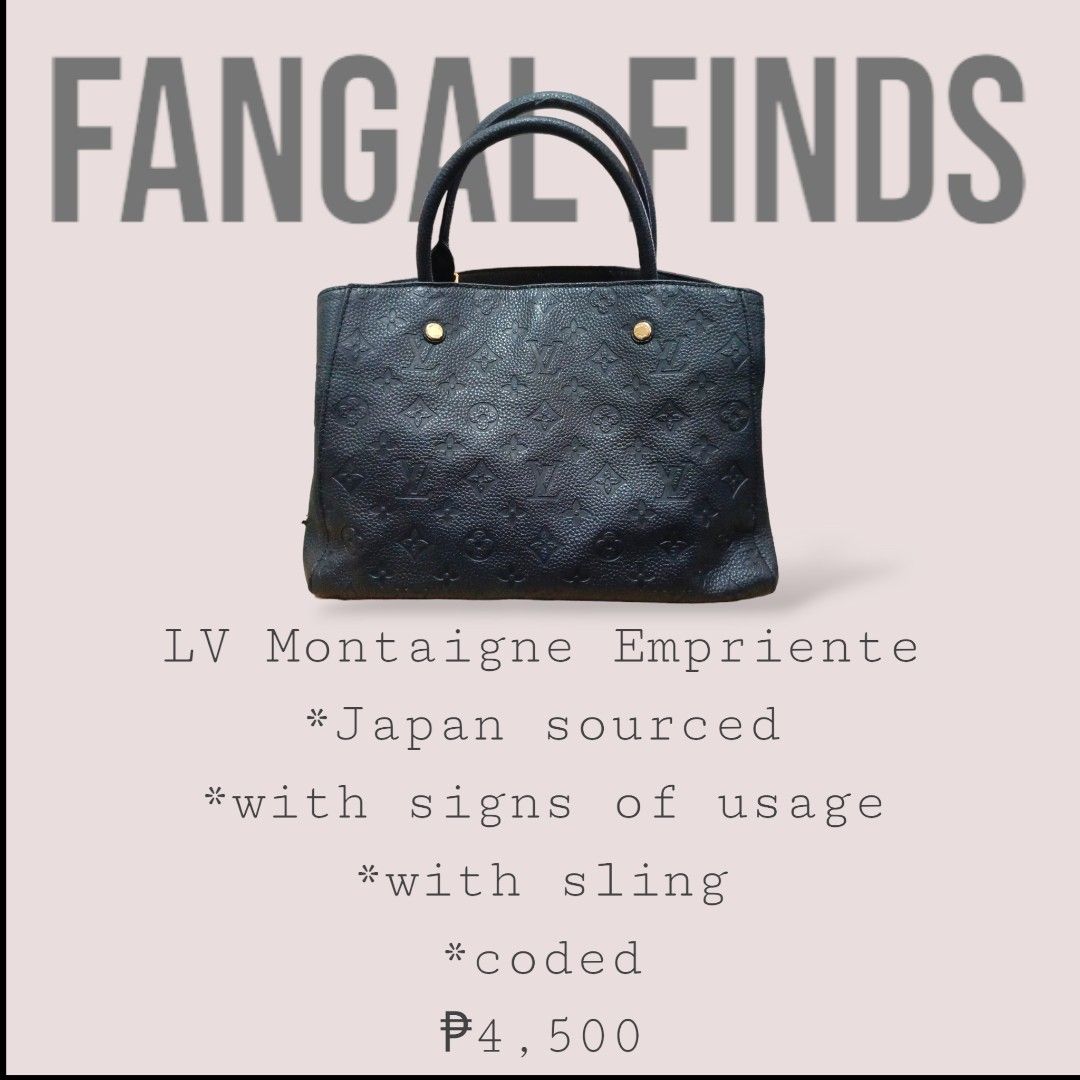 LV Montaigne Empriente (Category: Luxury Bags & Wallets) located in Mabalacat. Submitted by fangal_finds (Listing ID 1288985686, Image 1). Description: LV Montaigne Empriente Japan sourced (personal preloved from a friend residing in Japan) With Sling Flaws are shown on the last 3 photos thus selling low.