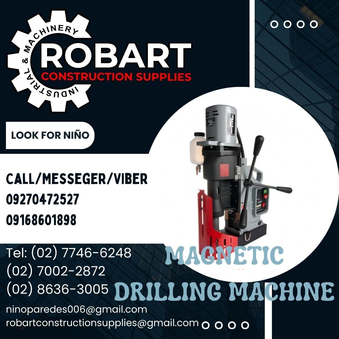 MAGNETIC DRILLING MACHINE (Category: Construction Tools & Equipment) located in Manila. Submitted by ninoparede24925 (Listing ID 1288991476, Image 1). Description: MAGNETIC DRILLING MACHINE Spindle: MT 3 Weight: 20 kg. Cutter Capacity: 100mm x 6” depth Max.Stroke:250mm Twist drill Cap.:19mm (3MT chuck) 32mm ( 3MT ) Countersink Cap:55mm Motor: 1800 watts RPM:4 Fixed Speeds 110/175/245/385 Height:480mm Length:340mm Width:130mm Magnetic Base Dimensi