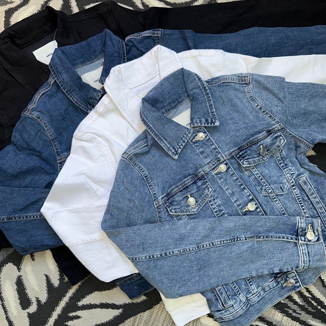 MANGO DENIM JACKET (brandnew) (Category: Coats, Jackets and Outerwear) located in Quezon City. Submitted by solteraph (Listing ID 1289018497, Image 1). Description: ALL ITEMS ARE BRANDNEW THESE ARE BRANDED OVERRUNS MANGO DENIM JACKET -a bit stretchable -no flaws - 4 colors available (white,black, classic denim and vintage denim -sizes available XX,XS,S,M,L,XL,XXL.