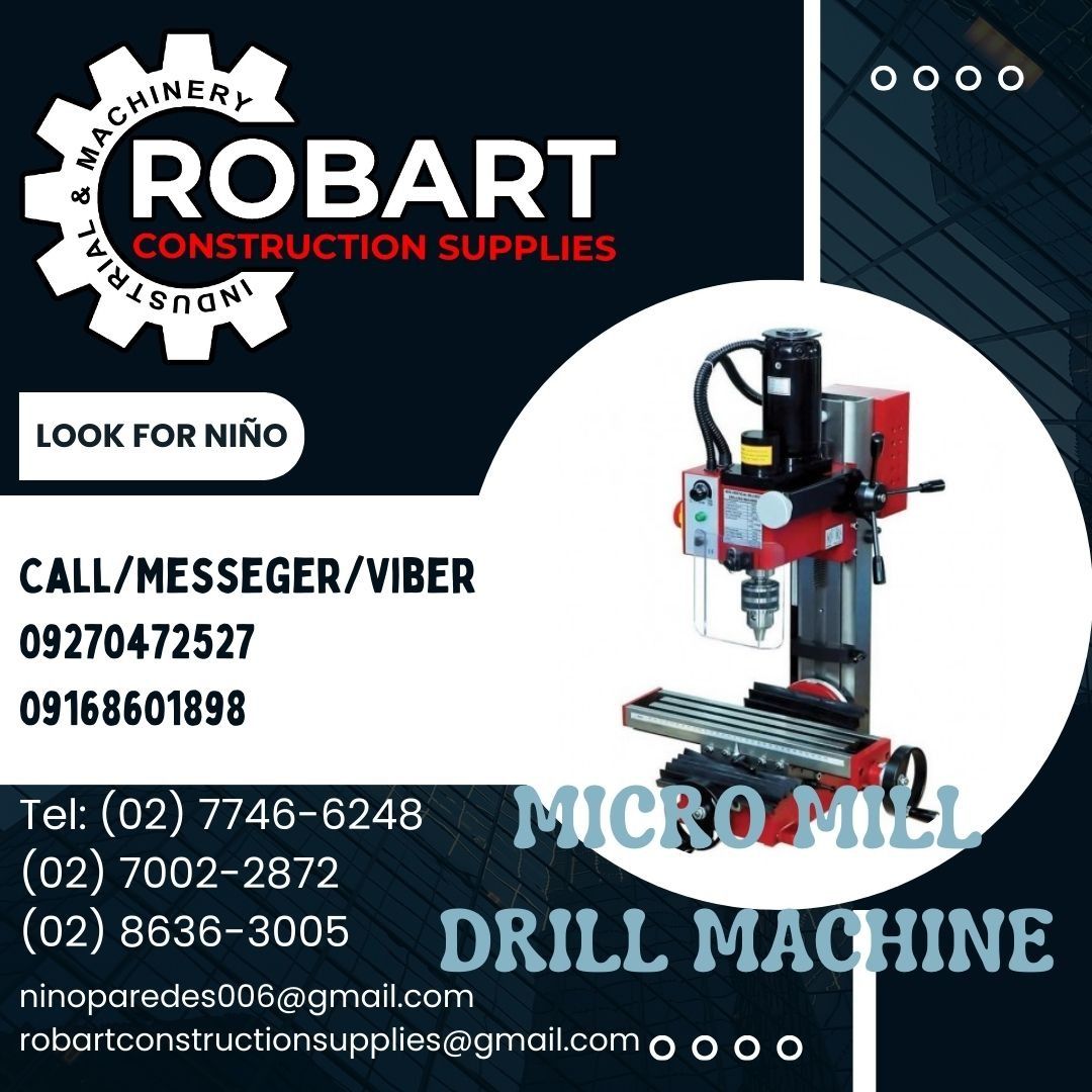 MICRO MILL DRILL MACHINE (Category: Construction Tools & Equipment) located in Manila. Submitted by ninoparede24925 (Listing ID 1289001348, Image 1). Description: MICRO MILL DRILL MACHINE Drilling/Milling Cap.:13/16 Face mill cap.:30mm Longitunal axis (X):220mm Cross axis (Y):100mm Headstock travel(Z):180mm Spindle taper MT-3, Throat 167mm Max. distance spindle to table:280mm Table size 390 x 92mm Motor350 watts, 100 – 2500rpm Weight:50 kgs. Opti