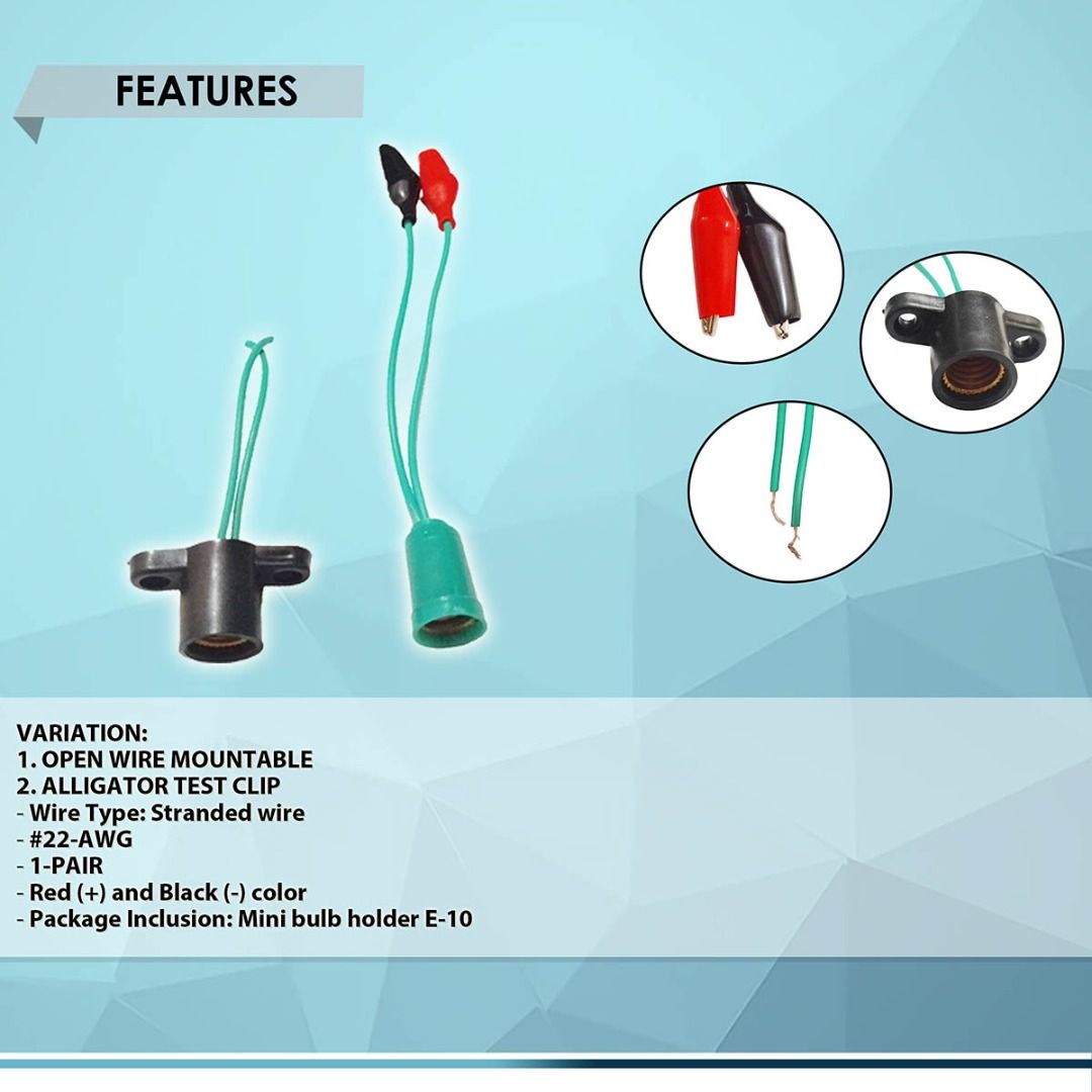 MINI BULB HOLDER E-10 PLASTIC SOCKET with WIRE (1-PC per ORDER), BEST FOR DIY SCHOOL PROJECT (Category: Electrical, Adaptors & Sockets) located in Quezon City. Submitted by besteinpc (Listing ID 1288797885, Image 2). Description: MINI BULB HOLDER E-10 PLASTIC SOCKET with WIRE (1-PC per ORDER), BEST FOR DIY SCHOOL PROJECT FEATURES: VARIATION: 👉1. OPEN WIRE MOUNTABLE 👉2. ALLIGATOR TEST CLIP 👉Wire Type: Stranded wire 👉#22-AWG 👉1-PAIR 👉Red (+) 