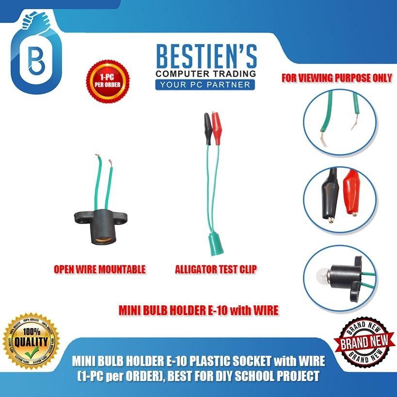 MINI BULB HOLDER E-10 PLASTIC SOCKET with WIRE (1-PC per ORDER), BEST FOR DIY SCHOOL PROJECT (Category: Electrical, Adaptors & Sockets) located in Quezon City. Submitted by besteinpc (Listing ID 1288797885, Image 1). Description: MINI BULB HOLDER E-10 PLASTIC SOCKET with WIRE (1-PC per ORDER), BEST FOR DIY SCHOOL PROJECT FEATURES: VARIATION: 👉1. OPEN WIRE MOUNTABLE 👉2. ALLIGATOR TEST CLIP 👉Wire Type: Stranded wire 👉#22-AWG 👉1-PAIR 👉Red (+) 