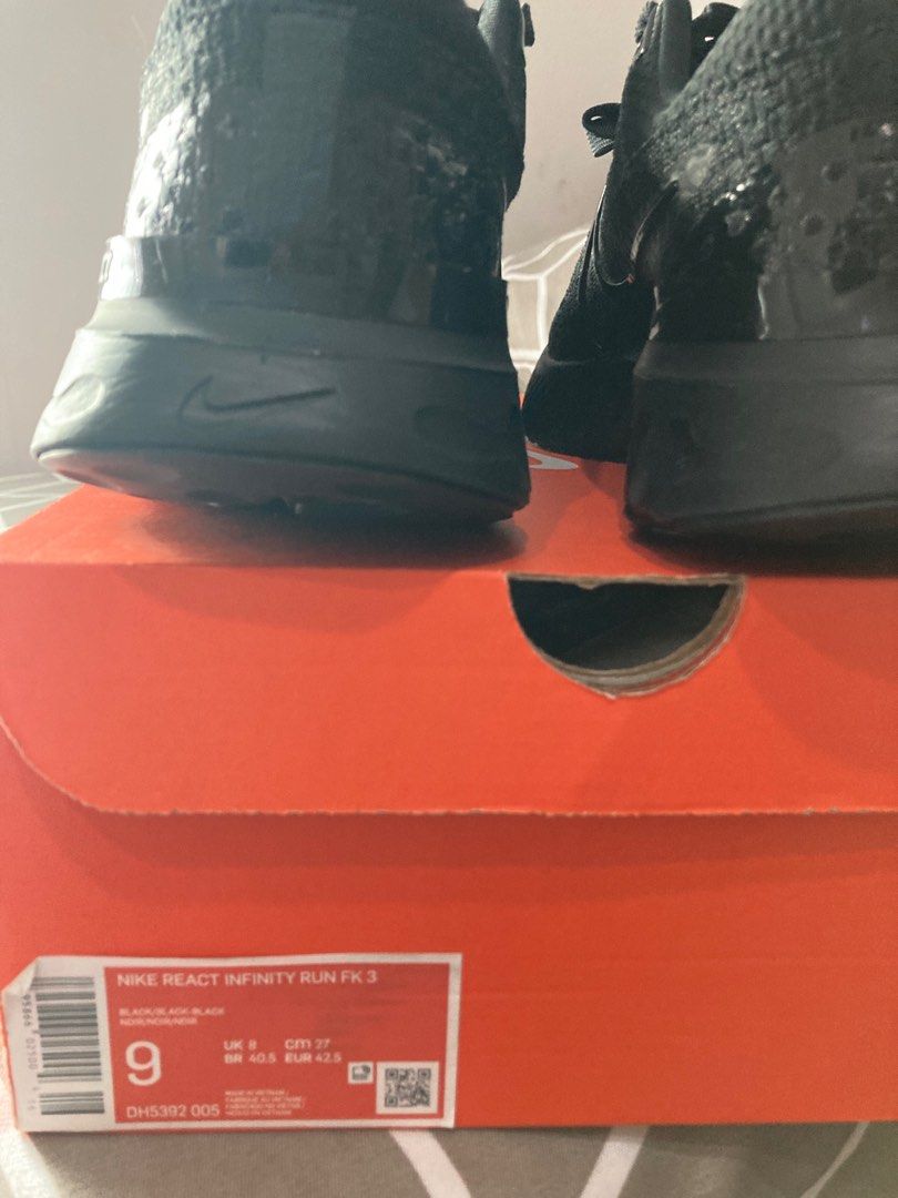 Nike React Infinity Run FK3 (Category: Sneakers) located in Quezon City. Submitted by hfa79 (Listing ID 1289074511, Image 1). Description: Men's Nike Flyknit 3 Triple Black Size 9 US With Original Box SRP ₱ 8,095 Bought at Olympic Village Glorietta .