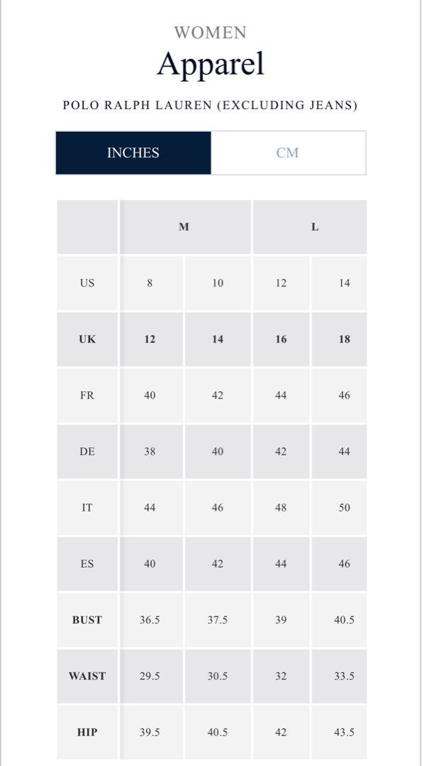 Polo ralph lauren top jeans size chart