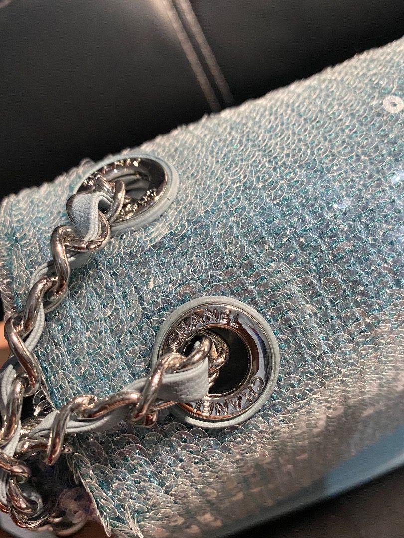 RARE CHANEL 😍 CC FLAP SILVER SEQUENCE BLUE BAG (Category: Luxury Bags & Wallets) located in Pasig City. Submitted by gluxerare (Listing ID 1289119709, Image 3). Description: Must have bag! Rare & Super Pretty! 🥰 Rush Sale na! From 24.5k! 🌸 24.5k-28k+ po ang bentahan nito 🌸 What you see is what you get! Mas Maganda pa sa Personal! <3 Perfect for OOTD bag, daily bag, Gift or Reward for yourself / loved ones! Giftable! Complete Inclusions Box, D
