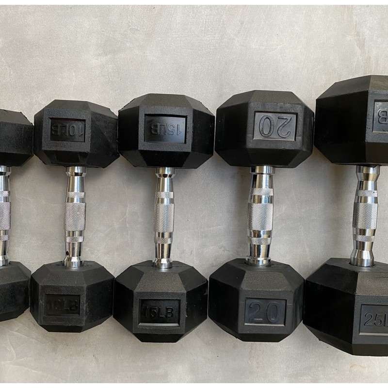 Set of Hexagon rubber dumbbells (Category: Weights & Dumbbells) located in Manila. Submitted by nestorjrsi51081 (Listing ID 1289023102, Image 1). Description: Hexagon rubber dumbbells Available on hand weights 5lbs pair up to 70lbs pair All Brandnew.