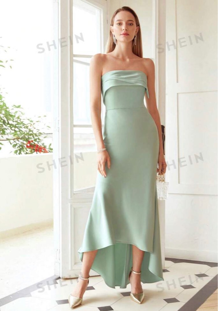 green emerald velvet dress SHEIN Ruffle Trim One Shoulder Pleated Hanky Hem Belted Floral Dress | Dress