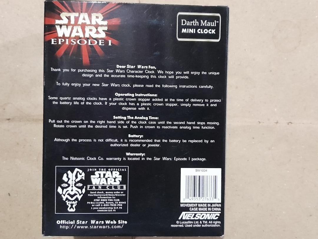 STAR WARS Episode 1 DARTH MAUL Mini Desk Clock (Category: Western Merchandise) located in Iloilo. Submitted by atycollectibles (Listing ID 1289142849, Image 2). Description: ***** ITEM LOCATION: Iloilo City, Philippines ***** BRAND NEW UNUSED CONDITION ITEMS This STAR WARS Episode 1 DARTH MAUL Mini Desk Clock is made by NELSONIc Company in 2005 as one of the official licenses of LUCASFILM in making official license STAR WARS merchandise during th