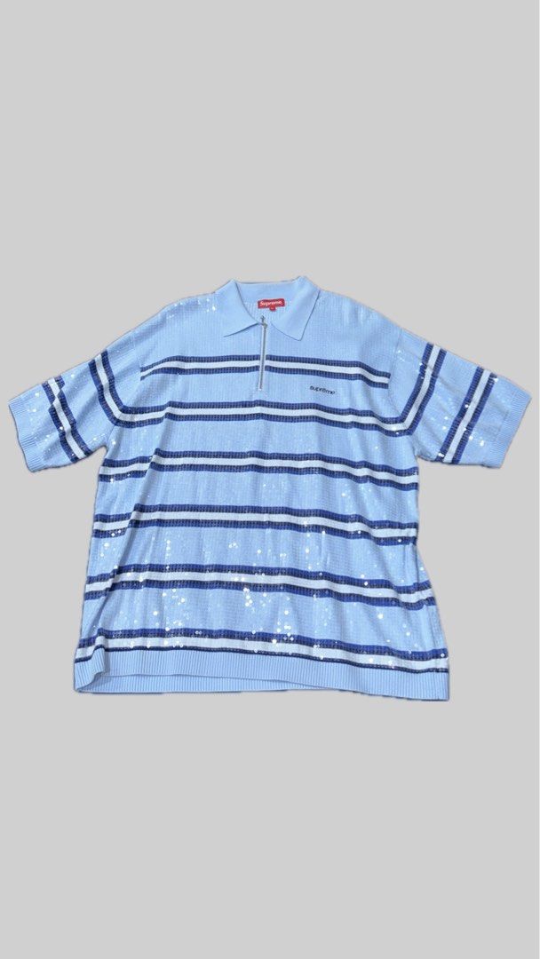 Supreme Sequin Stripe Zip Polo, 他的時尚, 上衣與西裝, T恤、Polo衫 