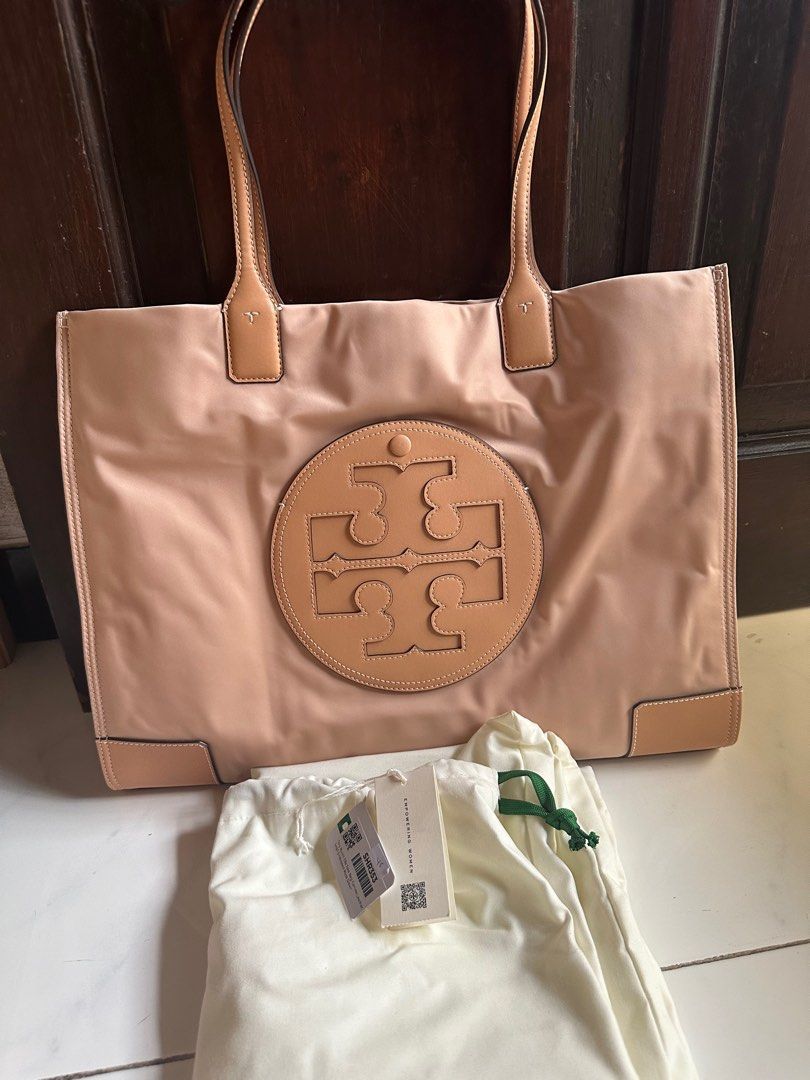 Tory Burch Ella Tote Pink Tory Burch Ella Tote Bag Nylon Leather Logo  Embossed Rose Dawn