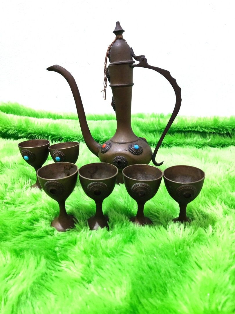 Vintage Arabic Brass Jeweled Dallah Aftaba Decanter Set / Tea set Arab
