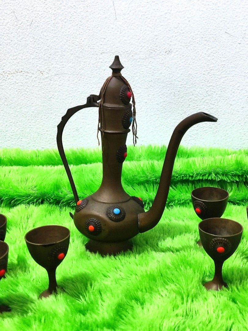 Vintage Arabic Brass Jeweled Dallah Aftaba Decanter Set / Tea set Arab