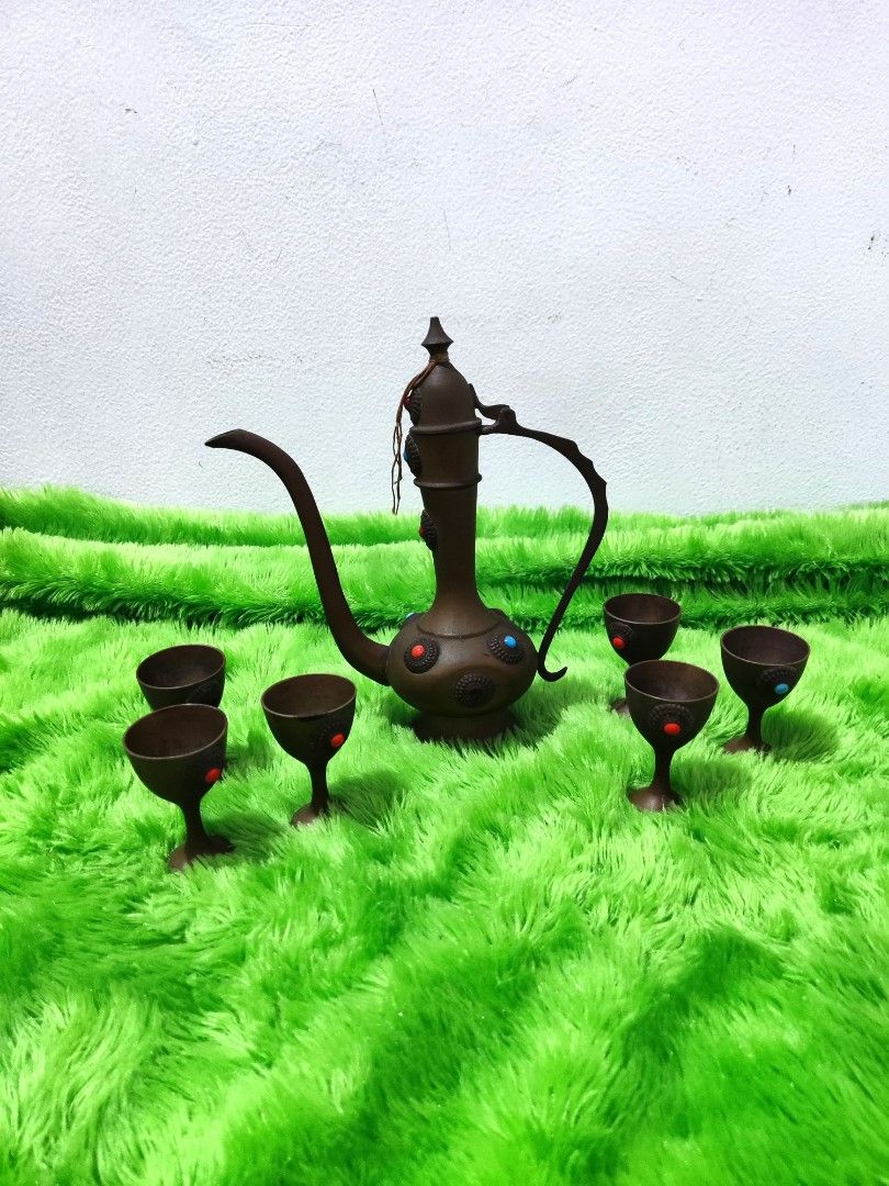 Vintage Arabic Brass Jeweled Dallah Aftaba Decanter Set / Tea set Arab