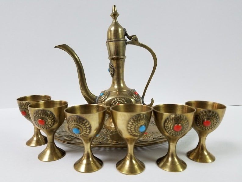 Vintage Arabic Brass Jeweled Dallah Aftaba Decanter Set / Tea set Arab