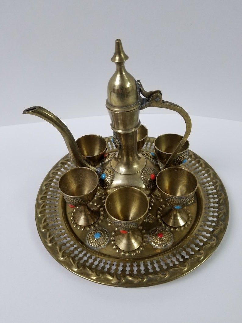 Vintage Arabic Brass Jeweled Dallah Aftaba Decanter Set / Tea set Arab