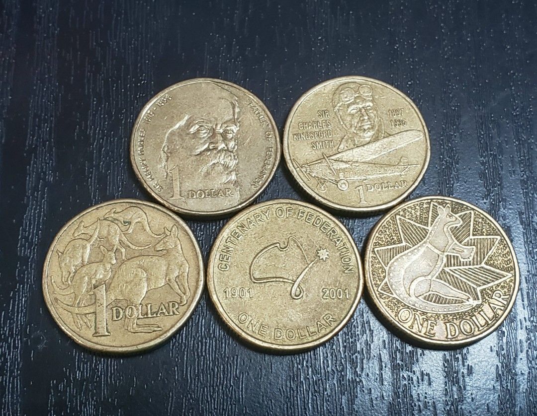 5款澳洲一元硬幣(內有罕品: Father of Federation, Kangaroo Aboringinal Art, Centenary of  Federation, Sir Charles Kingsford Smith ), 興趣及遊戲, 收藏品及紀念品, 錢幣- Carousell