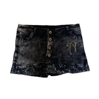 ౨ৎ  BOYACUI Y2K goth dark fairy lace black & silver denim micro mini skort skirt
