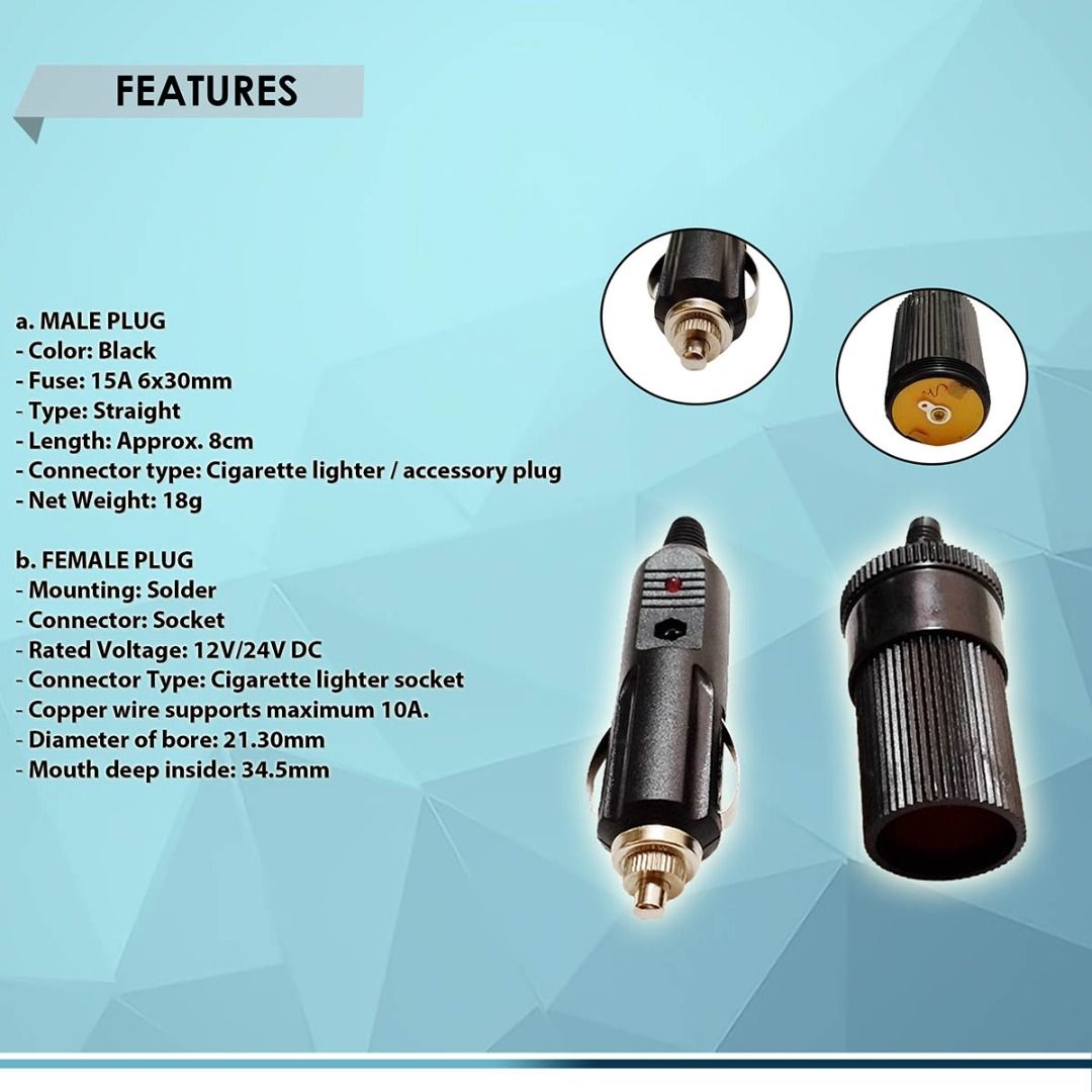 CAR CIGARETTE LIGHTER PLUG, 12V with FUSE and LED LIGHT (Category: Electrical, Adaptors & Sockets) located in Quezon City. Submitted by besteinpc (Listing ID 1289050361, Image 2). Description: CAR CIGARETTE LIGHTER PLUG, 12V with FUSE and LED LIGHT FEATURES: a. MALE PLUG 👉Color: Black 👉Fuse: 15A 6x30mm 👉Type: Straight 👉Length: Approx. 8cm 👉Connector type: Cigarette lighter / accessory plug 👉Net Weight: 18g b. FEMALE PLUG 👉Mounting: Solder 