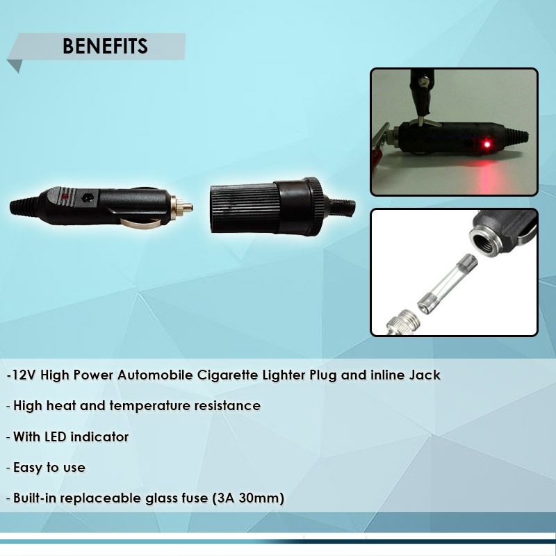 CAR CIGARETTE LIGHTER PLUG, 12V with FUSE and LED LIGHT (Category: Electrical, Adaptors & Sockets) located in Quezon City. Submitted by besteinpc (Listing ID 1289050361, Image 3). Description: CAR CIGARETTE LIGHTER PLUG, 12V with FUSE and LED LIGHT FEATURES: a. MALE PLUG 👉Color: Black 👉Fuse: 15A 6x30mm 👉Type: Straight 👉Length: Approx. 8cm 👉Connector type: Cigarette lighter / accessory plug 👉Net Weight: 18g b. FEMALE PLUG 👉Mounting: Solder 
