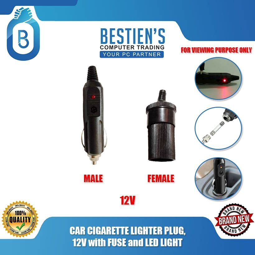 CAR CIGARETTE LIGHTER PLUG, 12V with FUSE and LED LIGHT (Category: Electrical, Adaptors & Sockets) located in Quezon City. Submitted by besteinpc (Listing ID 1289050361, Image 1). Description: CAR CIGARETTE LIGHTER PLUG, 12V with FUSE and LED LIGHT FEATURES: a. MALE PLUG 👉Color: Black 👉Fuse: 15A 6x30mm 👉Type: Straight 👉Length: Approx. 8cm 👉Connector type: Cigarette lighter / accessory plug 👉Net Weight: 18g b. FEMALE PLUG 👉Mounting: Solder 