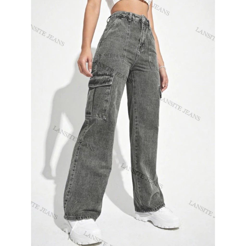 Baggy Jeans,New Trendy Fashionable Women Flap Pocket Jeans