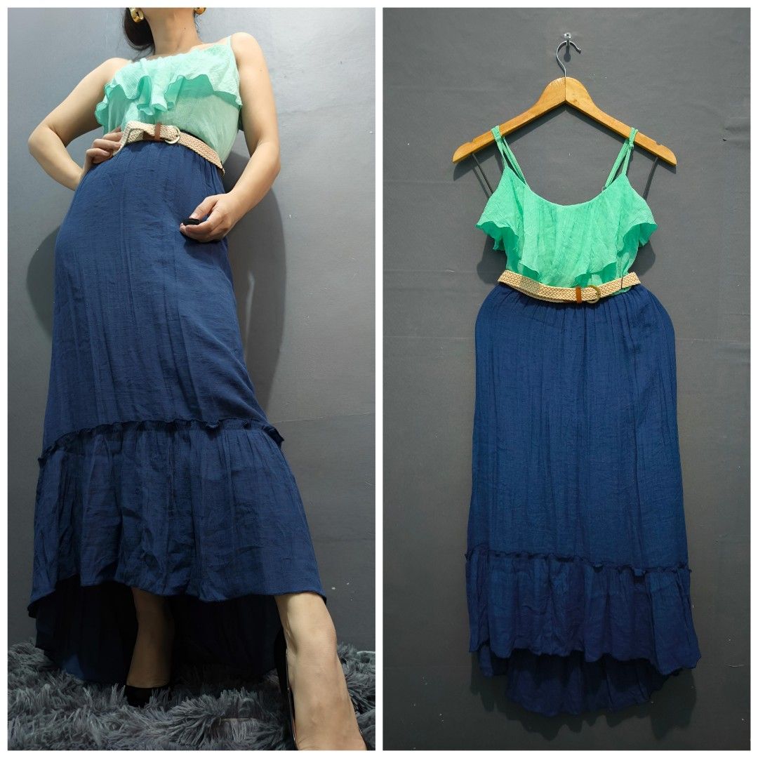 IZ BYER Two toned Blue Mint Green Cami Strap Asymmetrical Summer Casual Maxi Midi Dress with Detachable Belt Women s Fashion Dresses Sets Dresses on Carousell