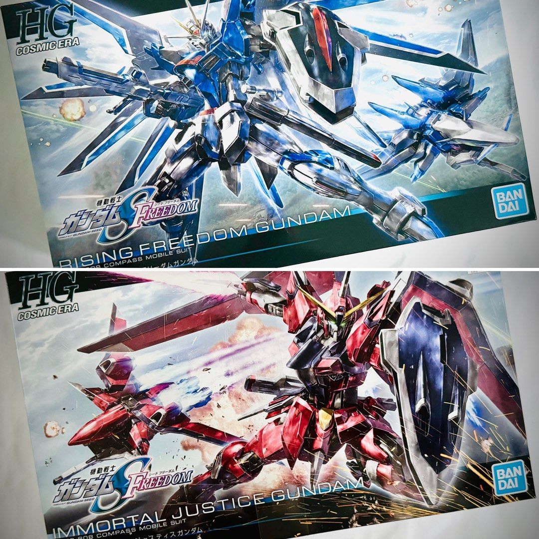 [Ready Stock!] HGCE (Cosmic Era) 1/144 Rising Freedom / Immortal Justice Gundam - Bandai Namco Model Kit (Category: Gundam Model Kits) located in Singapore. Submitted by wills.enterprise (Listing ID 1289237857, Image 1). Description: Ready Stock!! Items available: - HGCE 1/144 Lightning Buster Gundam, $46 - HGCE 1/144 Duel Blitz Gundam, $46 - HGCE 1/144 Murasame Kai, $38 - HGCE 1/144 Rising Freedom Gundam, $40 - HGCE 1/144 Immortal Justice Gundam