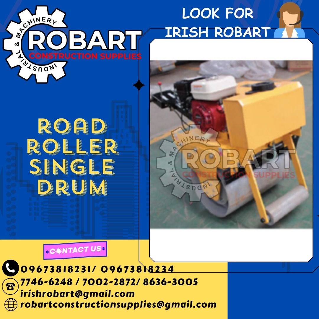 ROAD ROLLER SINGLE DRUM (Category: Construction Tools & Equipment) located in Manila. Submitted by irishrobart_22 (Listing ID 1289254930, Image 1). Description: ROAD ROLLER SINGLE DRUM Model no: TST-RRSD35 Water Tank: 35L Oil Tank: 3.5L Wall Speed: 0-4KM Wheel Size: 560*400mm Centrifugal: 13.5KN Foru Engine: Yojimbo 7hp 4 Stroke WeightL 330kg SEND US MESSAGE FOR INQUIRIES ‼️‼️ LOOK FOR IRISH ROBART VBR : 0 9 6 7 3 8 1 8 2 3 1/ 0 9 6 7 3 8 1 8 2 3