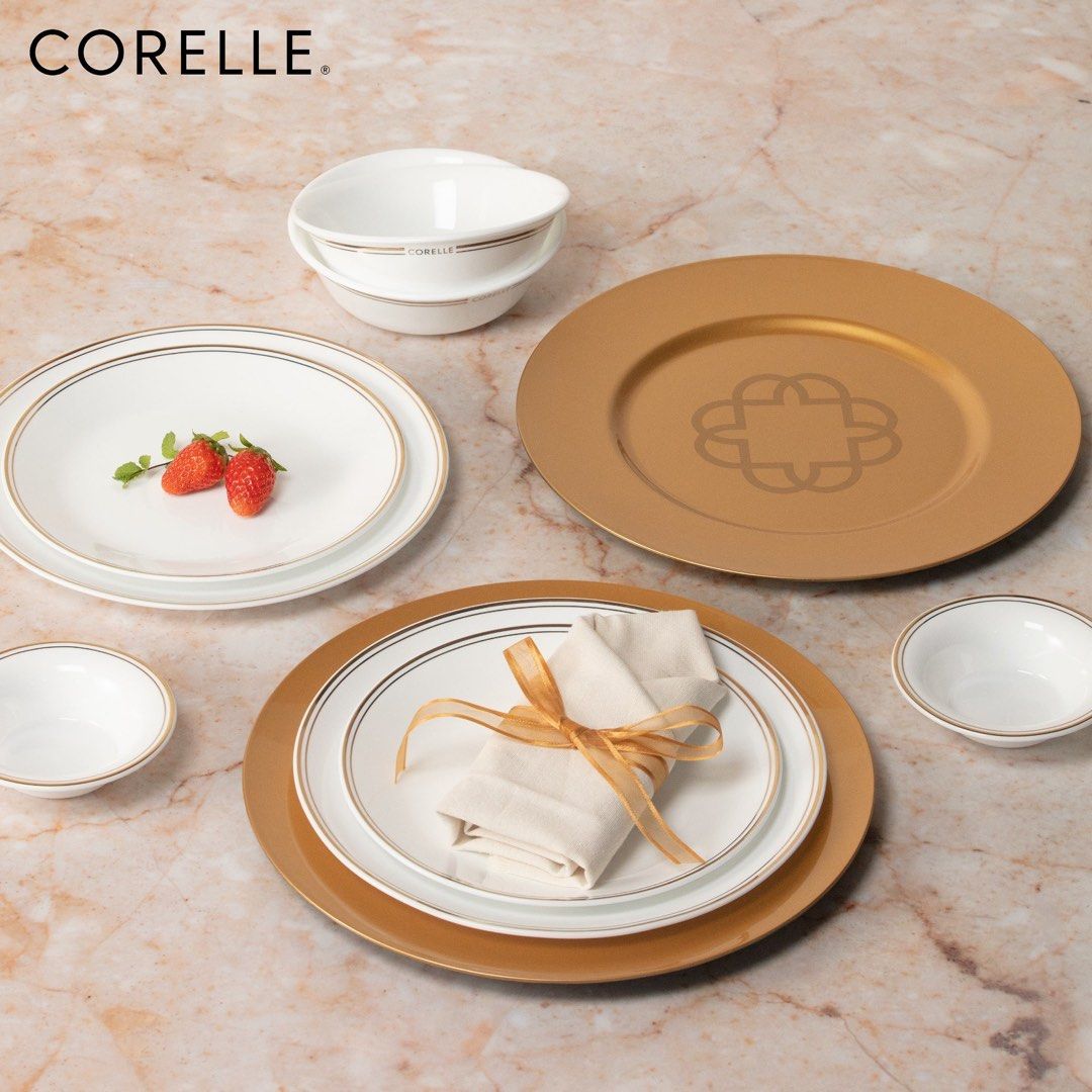 2pc CORELLE Charger Plates (Category: Dinnerware & Cutlery) located in Manila. Submitted by j_stats (Listing ID 1289594133, Image 2). Description: Corelle Charger Plate 31cm 2pc Set - Market Street Gold Design .
