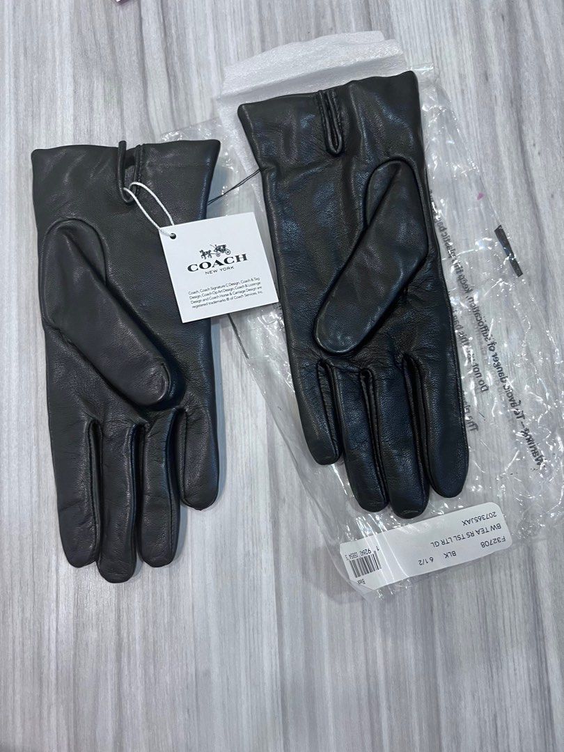 Coach leather logo classic gloves bow ribbon detail black sexy slim fit  authentic USA winter spring travel holidays