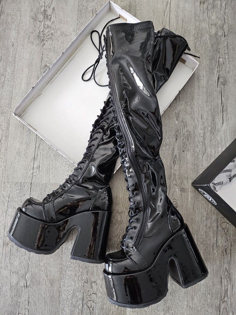 Demonia camel 300 patent thigh high boots dollskill killstar goth punk gothic cosplay Women s Fashion Footwear Boots on Carousell