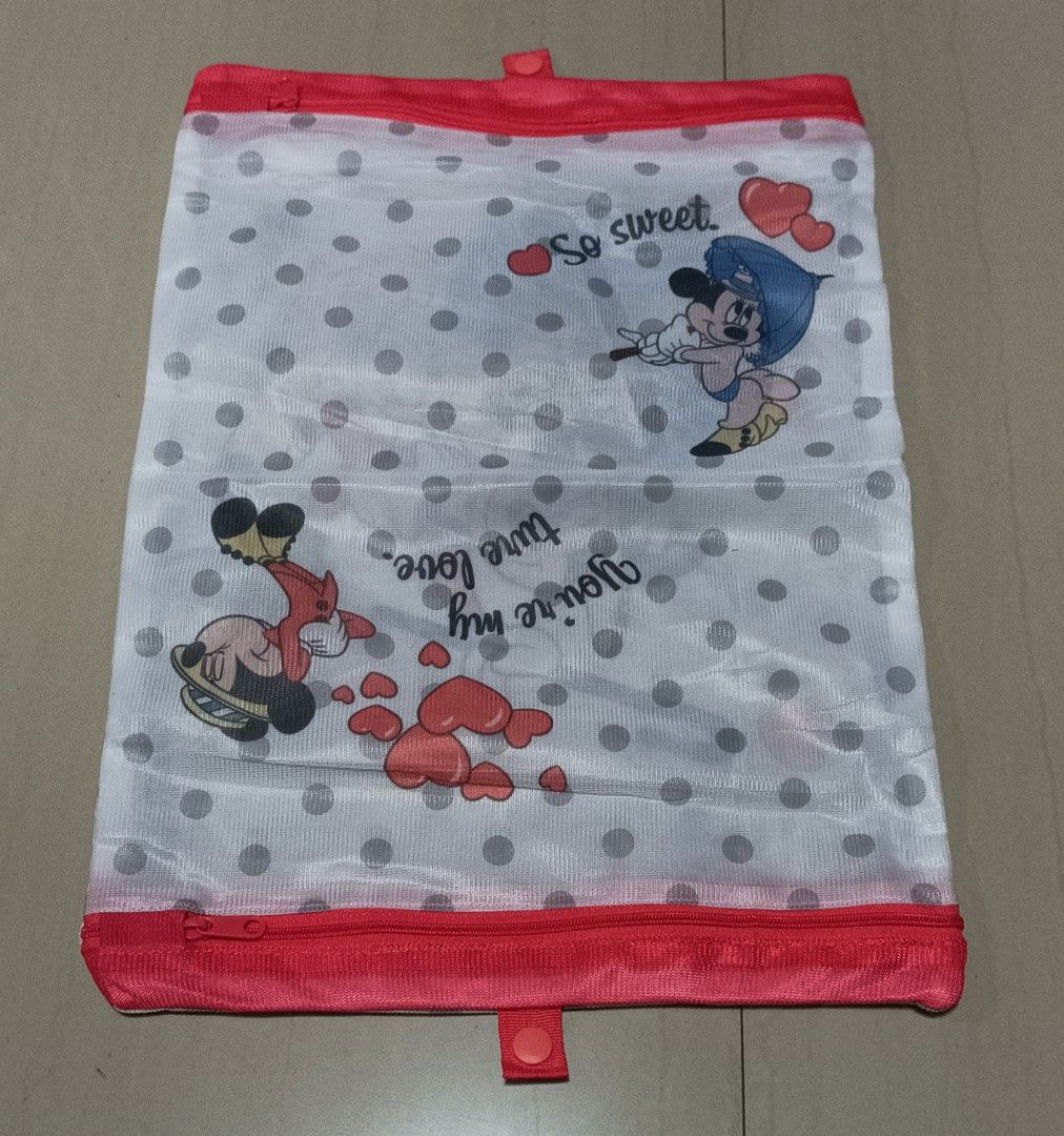 Mickey and Minnie Mesh Laundry Bag Storage (Category: Laundry Baskets) located in Makati City. Submitted by twentyfourteen (Listing ID 1289617640, Image 3). Description: Mesh Laundry Bag Good for washing underwear and bra For delicate clothes when using your washing machine Durable and Heavy Duty (tested) ₱70 each Size: Height - 15 inches Width - 11 inches With 2 zippers and 1 button (for folding).