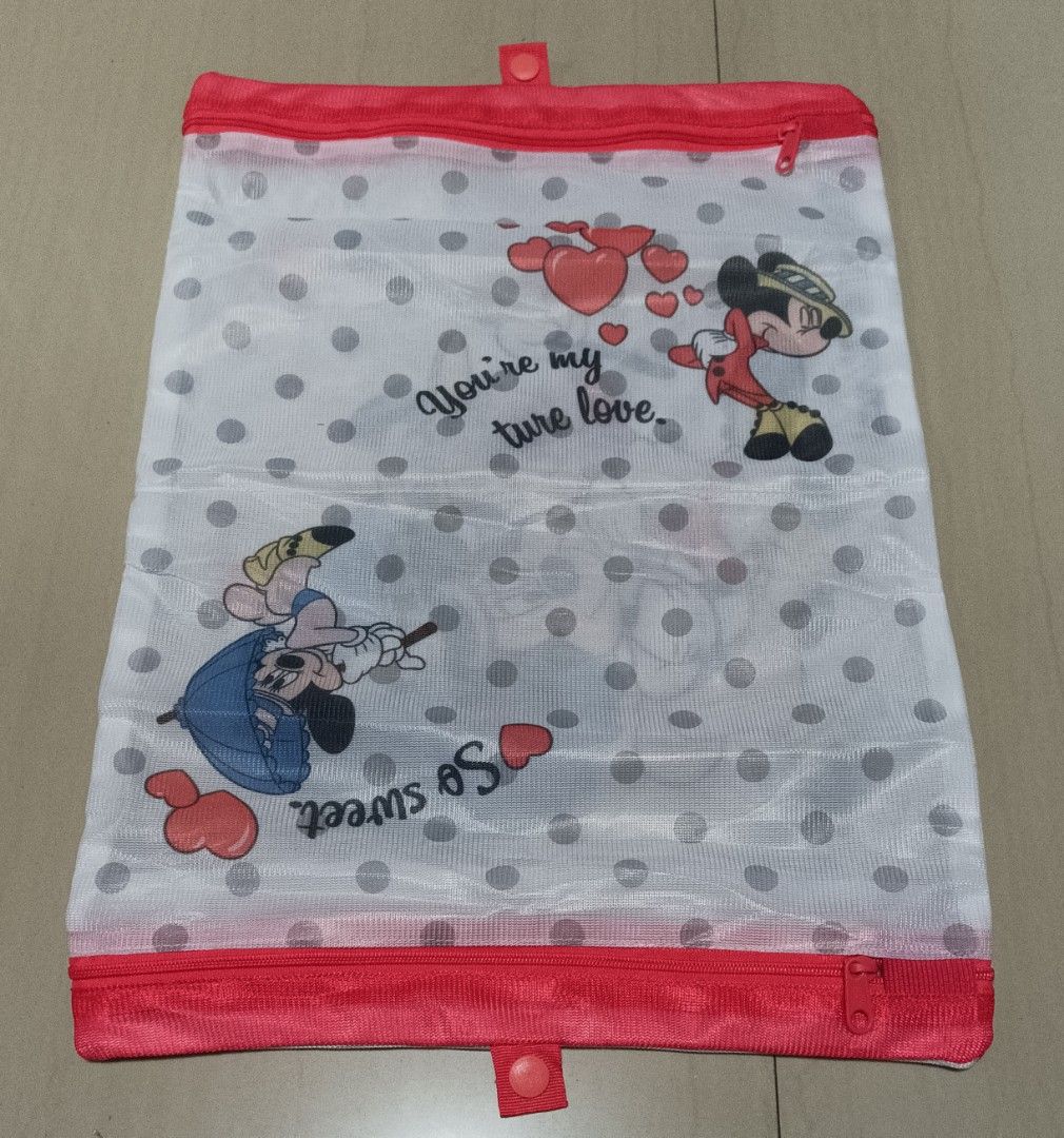Mickey and Minnie Mesh Laundry Bag Storage (Category: Laundry Baskets) located in Makati City. Submitted by twentyfourteen (Listing ID 1289617640, Image 2). Description: Mesh Laundry Bag Good for washing underwear and bra For delicate clothes when using your washing machine Durable and Heavy Duty (tested) ₱70 each Size: Height - 15 inches Width - 11 inches With 2 zippers and 1 button (for folding).