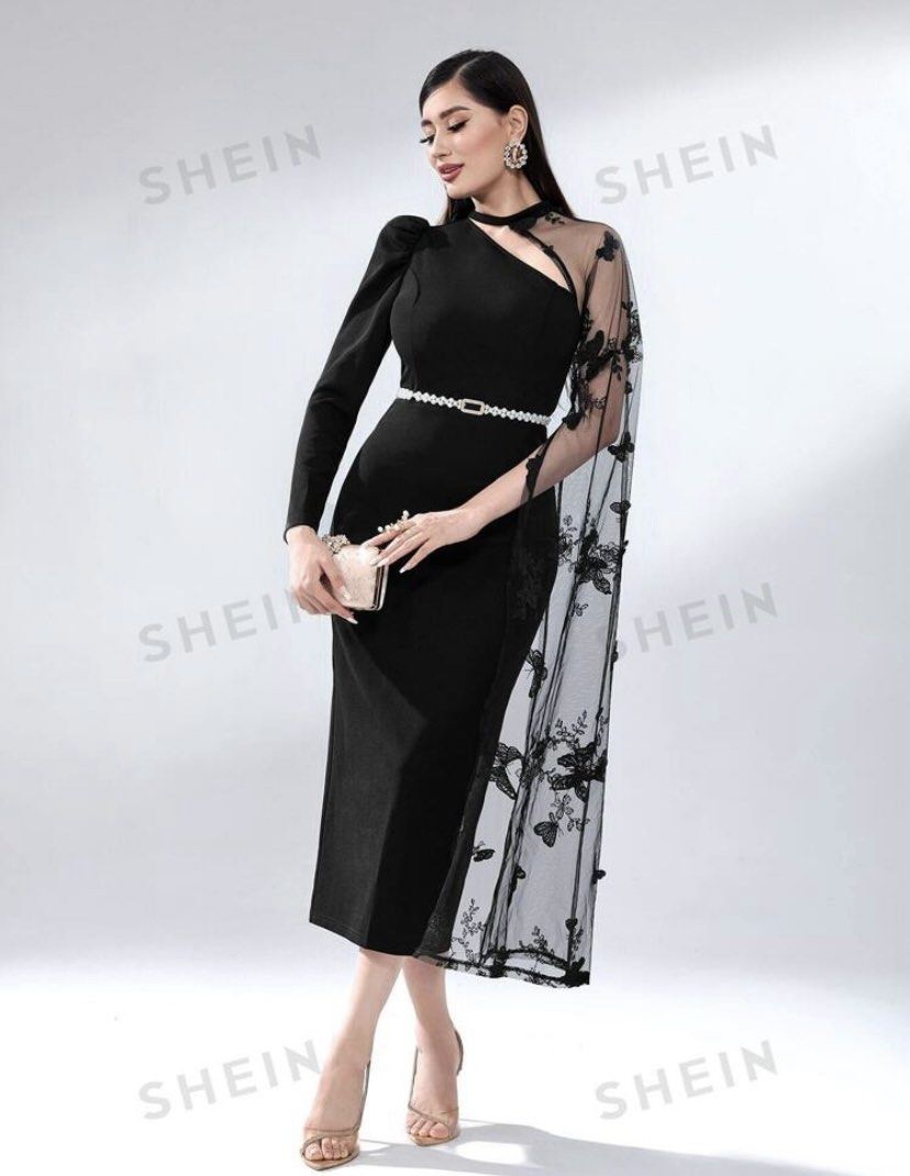 SHEIN Contrast Mesh Overlap Collar Fit & Flare Dress, Women's