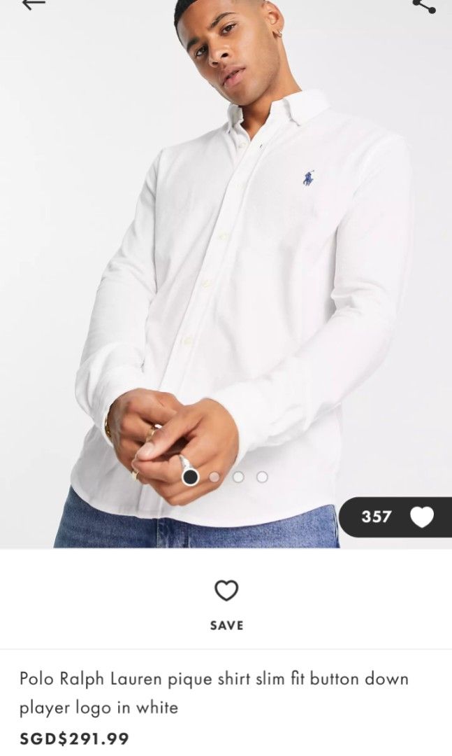 Polo ralph lauren slim fit pique store shirt player logo button down in white