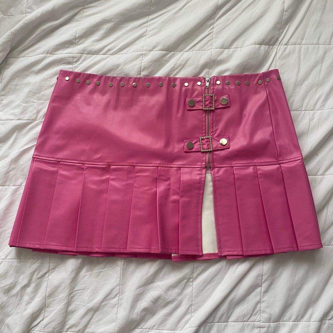 Hot pink pleated leather skirt shop