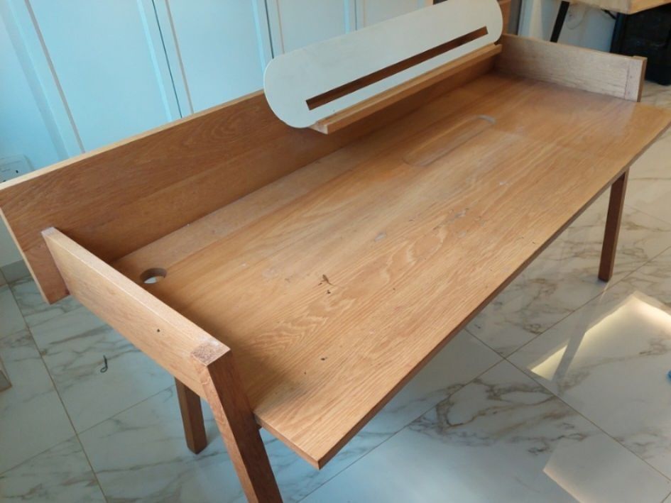 Solid wood study table (Category: Tables & Sets) located in Singapore. Submitted by tinsel (Listing ID 1289574098, Image 1). Description: Scandinavian style solid wood study desk imported from Thailand. comes with a hole drilled for cables. Very good quality. some defects on table top as in one of the pictures. please arrange your own transport as it is very heavy..